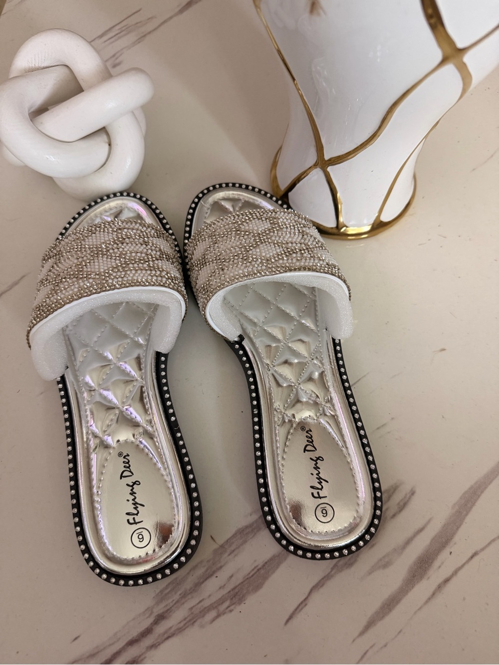 White Beaded Slide Mules with Silver Insole